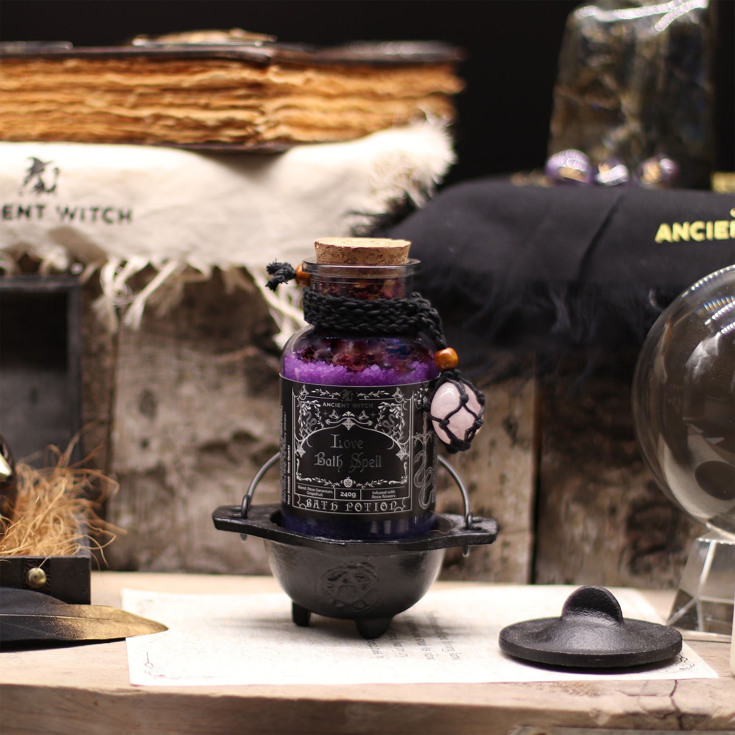 Ancient Witch Bath Spell Potion & Rose Quartz Crystal Amulet - Love